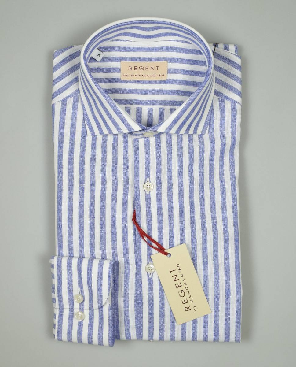 Regent By Pancaldi Camicia In Lino E Cotone Slim Fit A Righe Azzurro