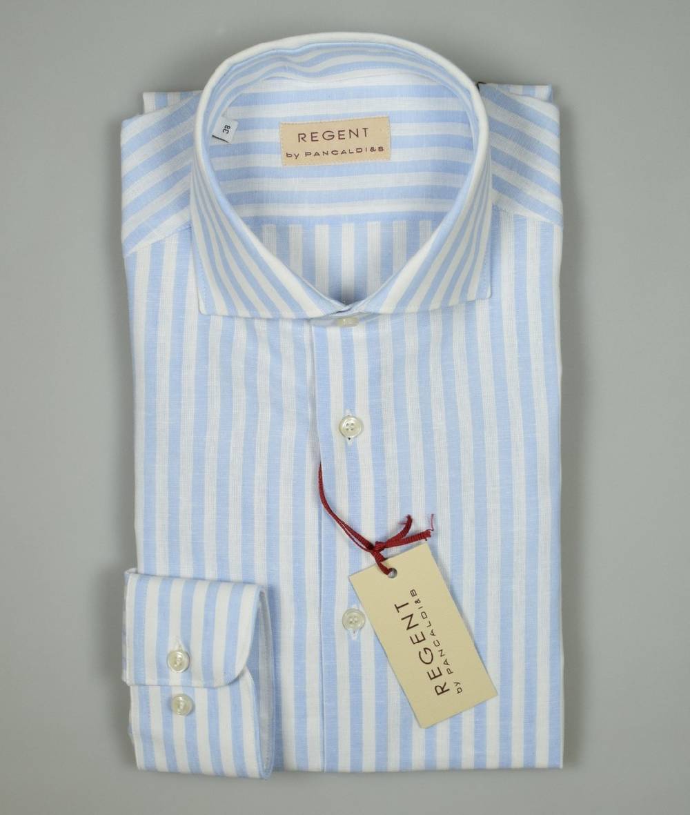 Regent By Pancaldi Camicia In Lino E Cotone Slim Fit A Righe Celeste