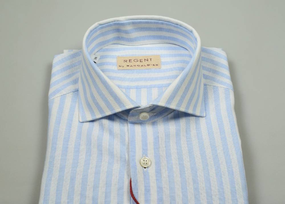 Regent By Pancaldi Camicia In Lino E Cotone Slim Fit A Righe Celeste