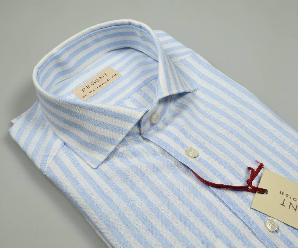 Regent by Pancaldi Camicia in lino e cotone slim fit a righe celeste