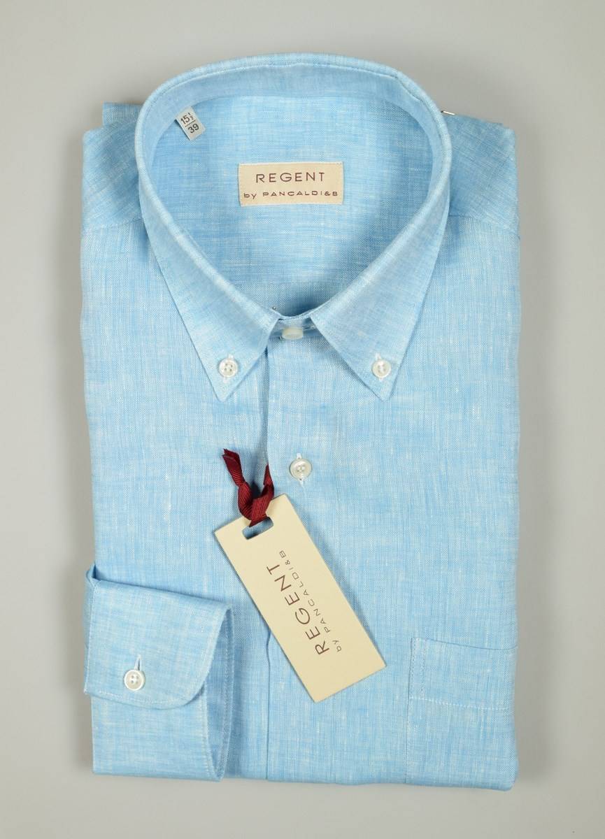 Regent By Pancaldi Camicia In Puro Lino Verde Acqua Pancaldi Collo Button Down Regular Fit