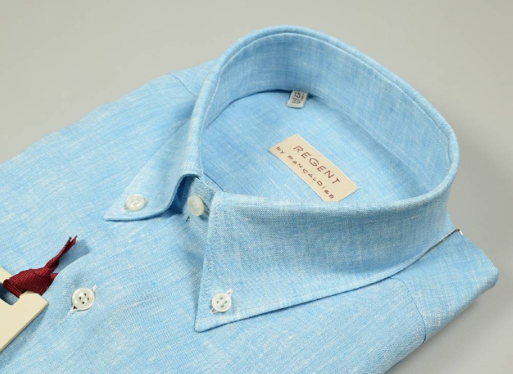 Regent By Pancaldi Camicia In Puro Lino Verde Acqua Pancaldi Collo Button Down Regular Fit