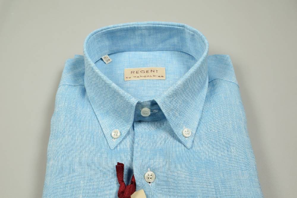 Regent By Pancaldi Camicia In Puro Lino Verde Acqua Pancaldi Collo Button Down Regular Fit