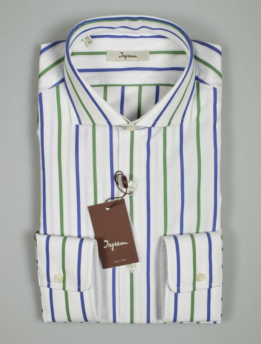 Ingram Camicia Ingram A Righe Blu E Verde Slim Fit Collo Alla Francese