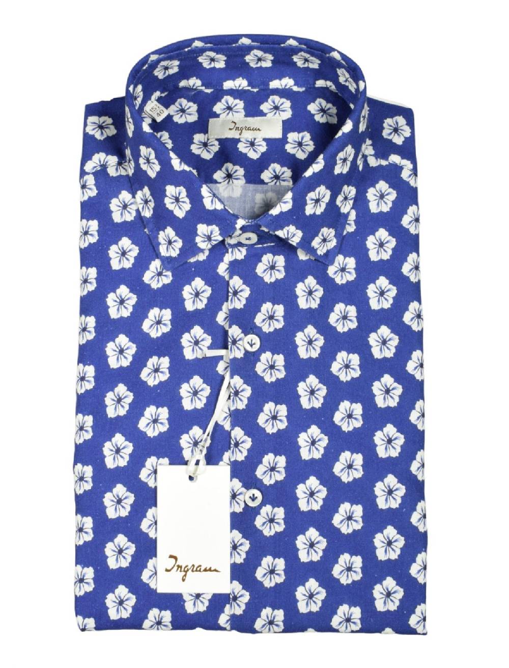 Ingram Camicia Ingram Azzurra Fantasia Floreale Cotone E Lino Slim Fit