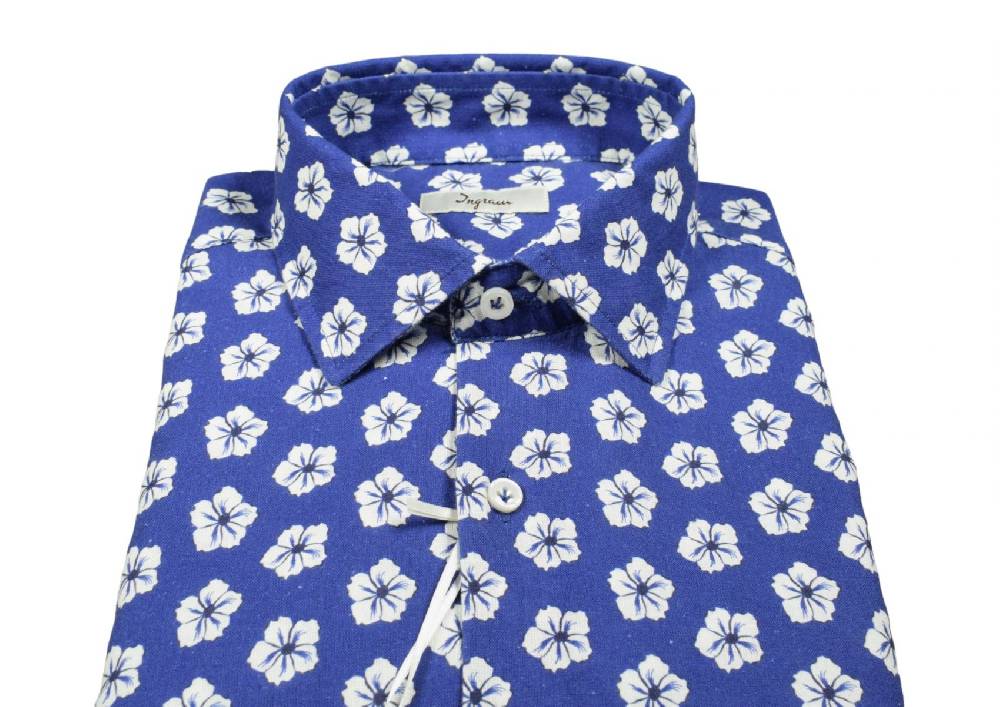 Ingram Camicia Ingram Azzurra Fantasia Floreale Cotone E Lino Slim Fit