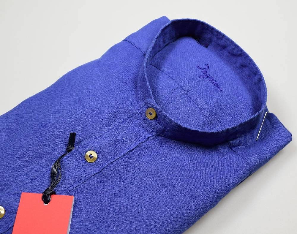 Ingram Camicia Ingram Azzurro Scuro In Puro Lino Regular Fit Collo Alla Coreana