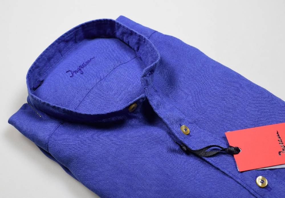 Ingram Camicia Ingram Azzurro Scuro In Puro Lino Regular Fit Collo Alla Coreana