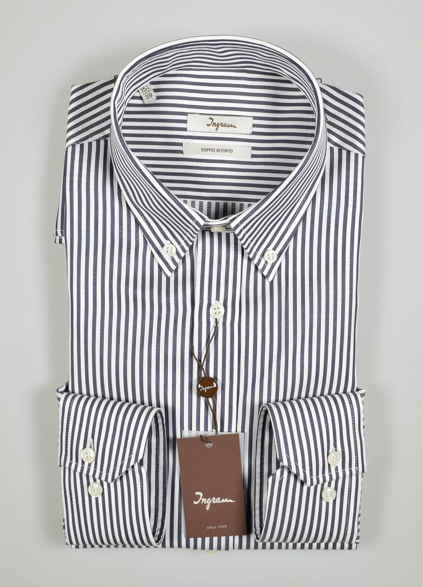 Ingram Camicia Ingram Blu A Righe Collo Button Down Regular Fit Cotone Doppio Ritorto