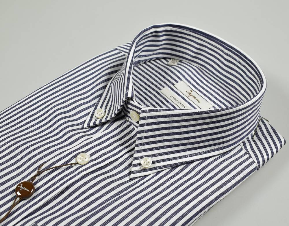 Ingram Camicia Ingram Blu A Righe Collo Button Down Regular Fit Cotone Doppio Ritorto