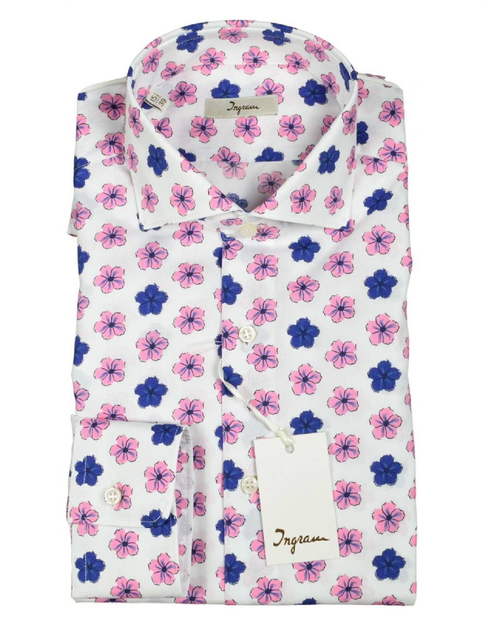 Ingram Camicia Ingram Fantasia Floreale Blu E Rosa In Puro Cotone Slim Fit