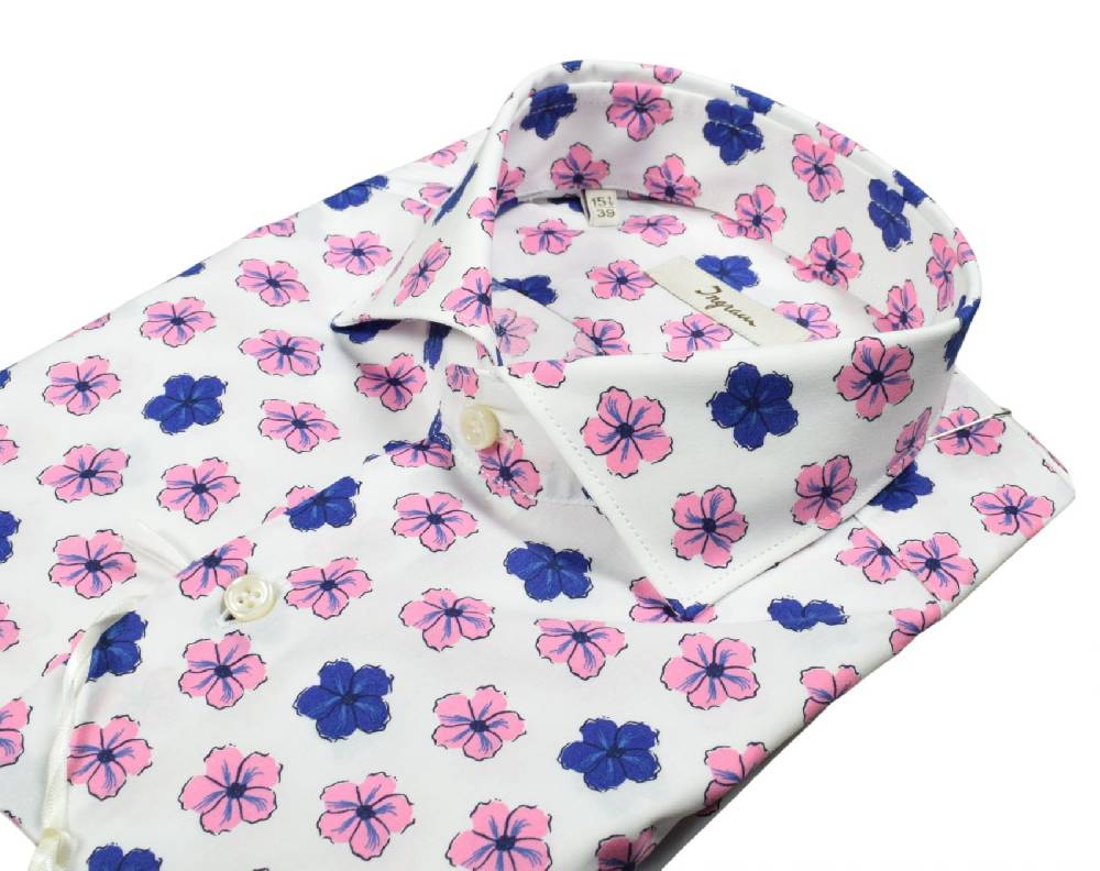 Ingram Camicia Ingram Fantasia Floreale Blu E Rosa In Puro Cotone Slim Fit