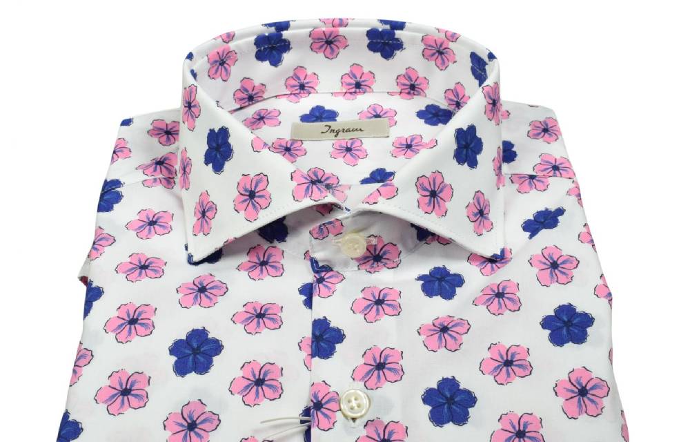 Ingram Camicia Ingram Fantasia Floreale Blu E Rosa In Puro Cotone Slim Fit