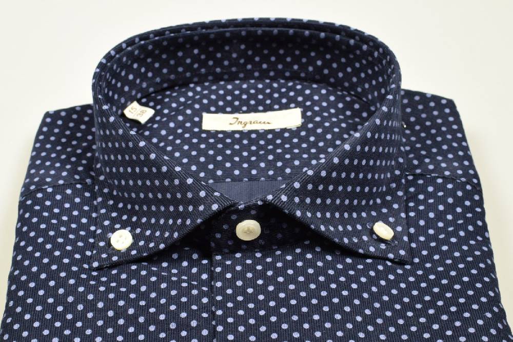 Ingram Camicia Ingram In Velluto Blu A Pois Collo Button Down