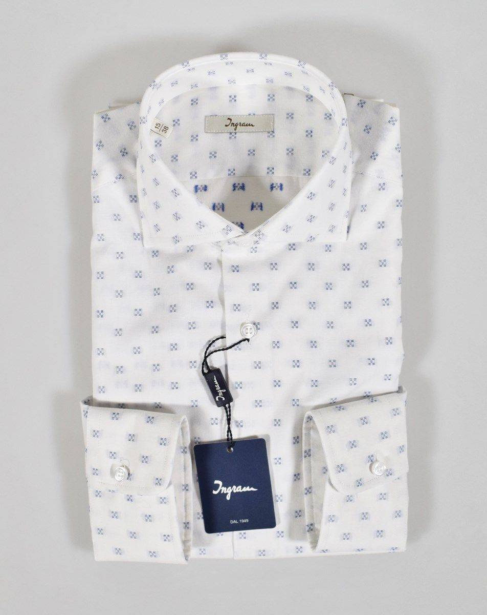 Ingram Camicia Ingram Slim Fit Bianca Con Disegno Blu
