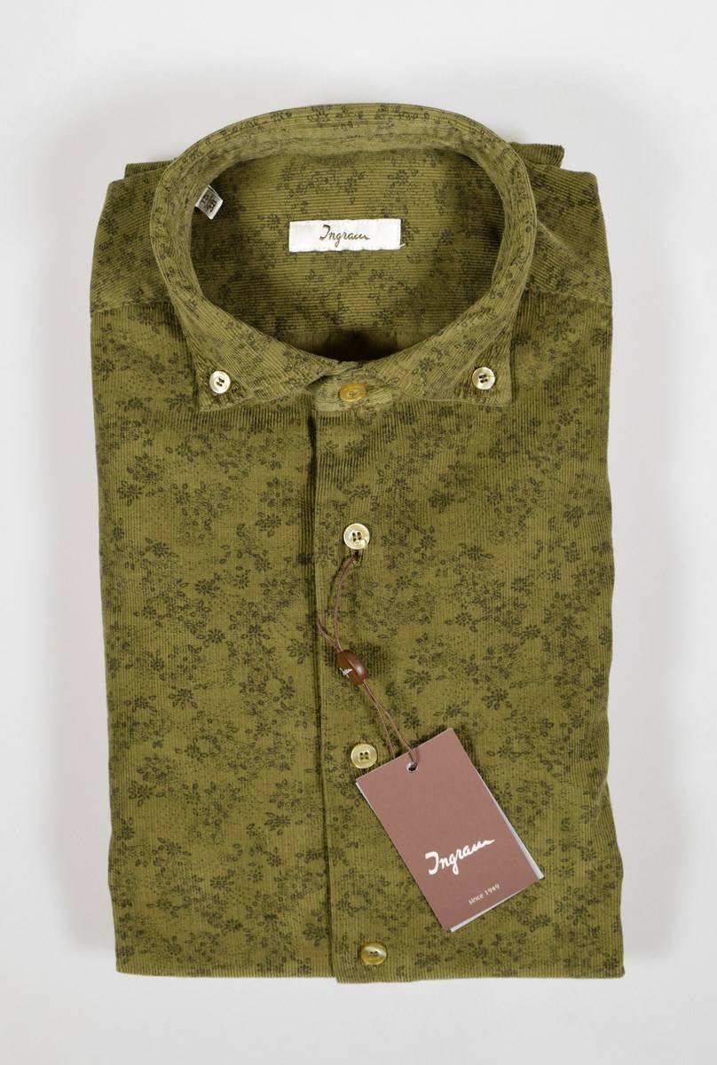 Ingram Camicia Ingram Verde In Velluto Stampato Modern Fit Button Down