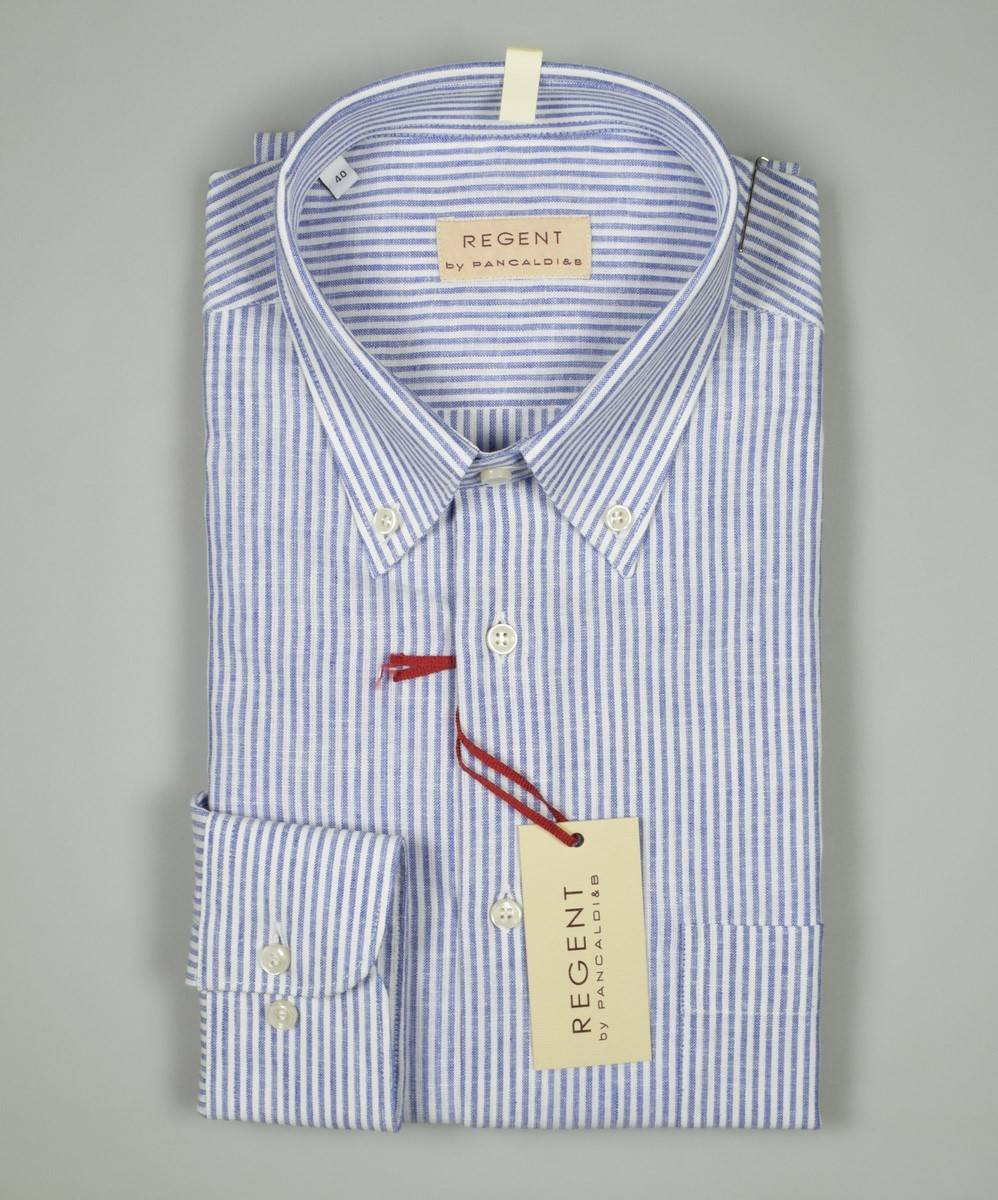 Regent By Pancaldi Camicia Lino E Cotone Pancaldi Regular Fit A Righe Azzurro
