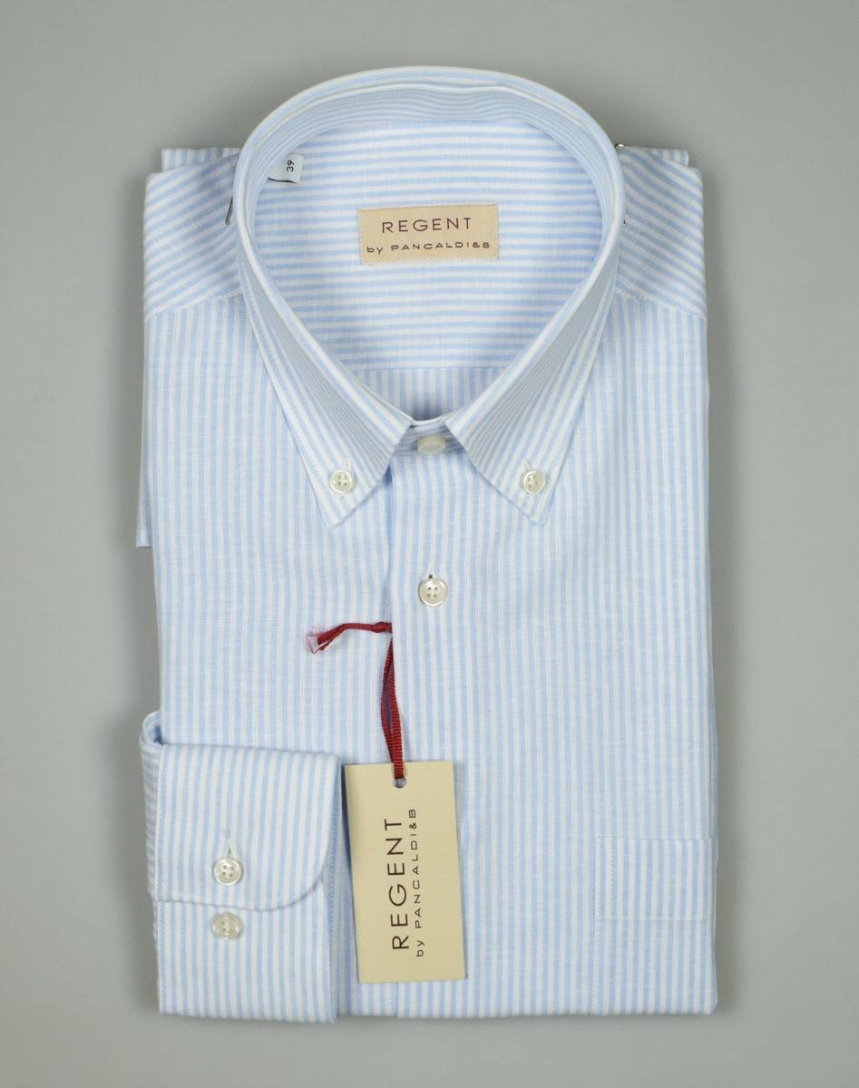 Regent By Pancaldi Camicia Lino E Cotone Pancaldi Regular Fit A Righe Celeste