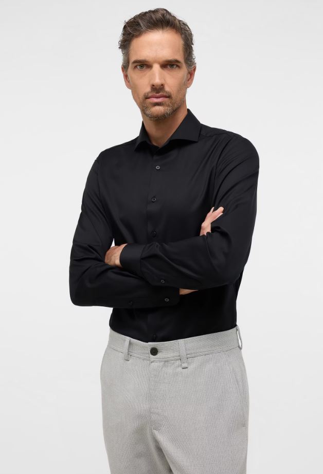 Eterna Camicia Nera Eterna Slim Fit Collo Francese Cotone Cover