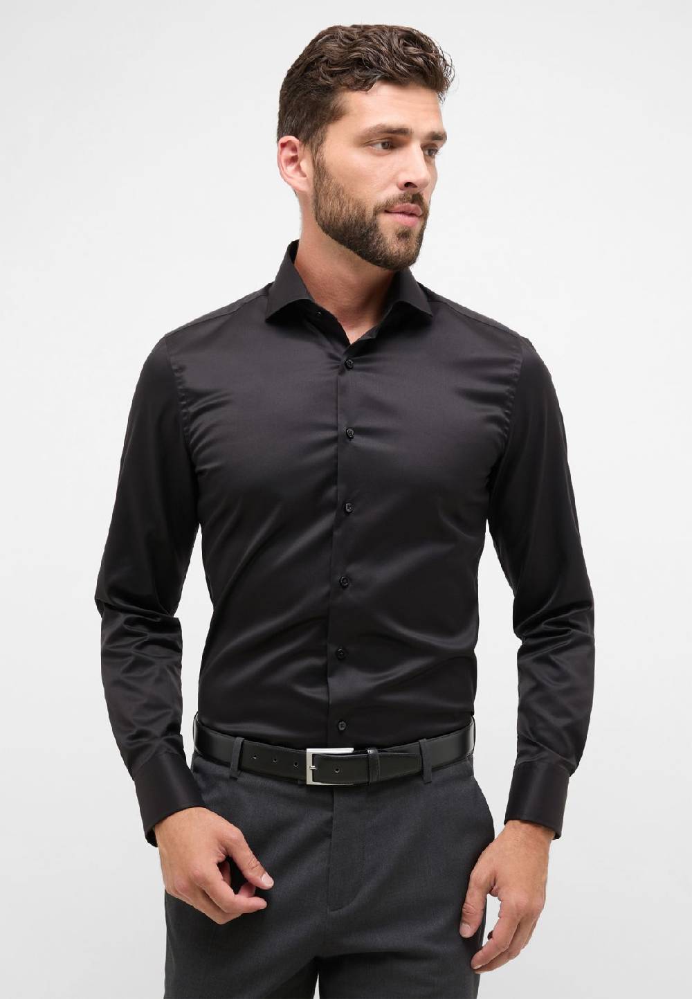 Eterna Camicia nera eterna slim fit in cotone twill no stiro