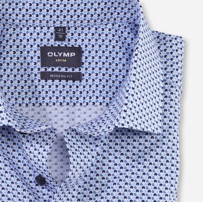 Olymp Camicia Olymp Celeste In Cotone Popeline Stampato Modern Fit