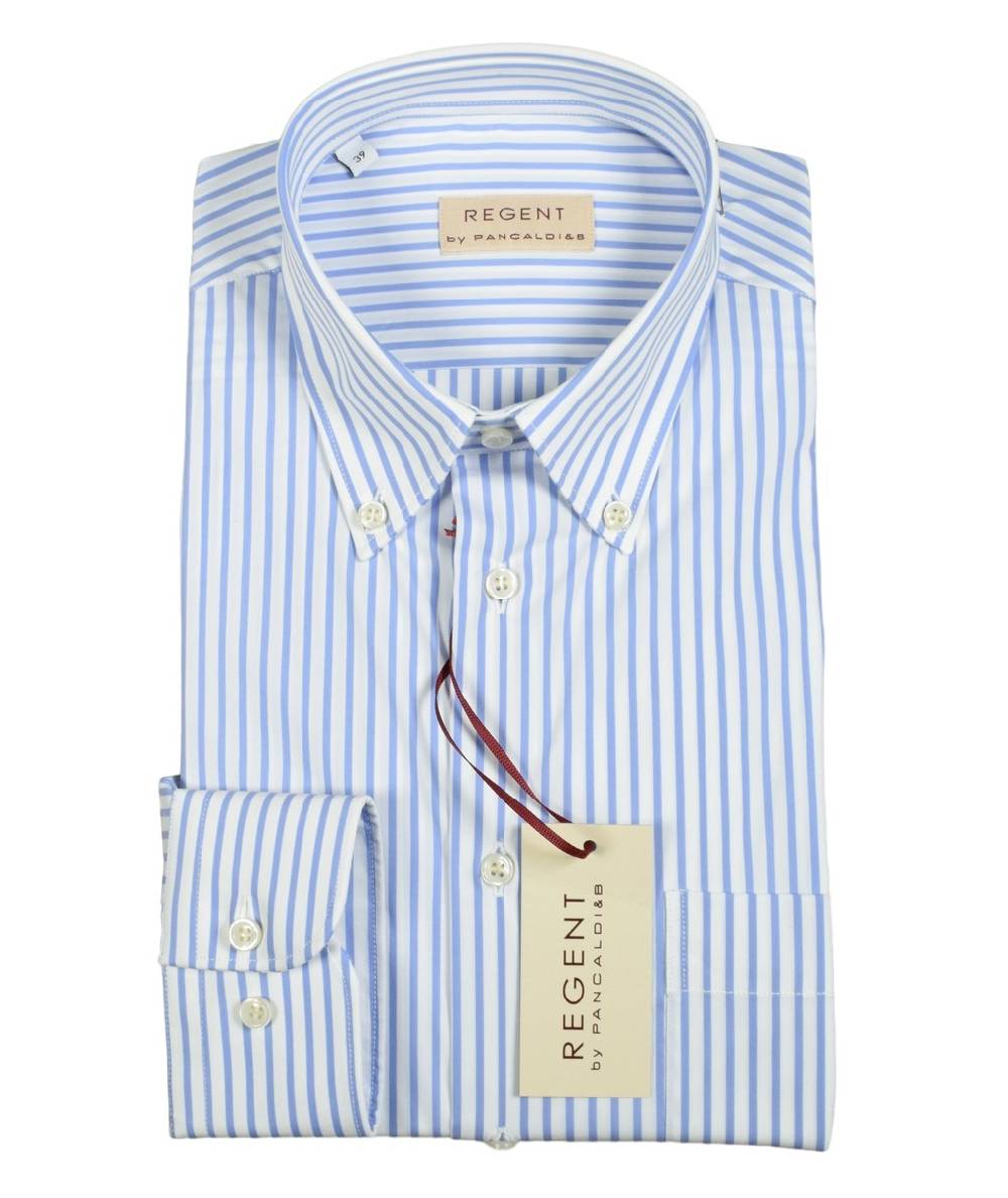 Regent By Pancaldi Camicia Pancaldi A Righe Azzurro Regular Fit Cotone Stretch