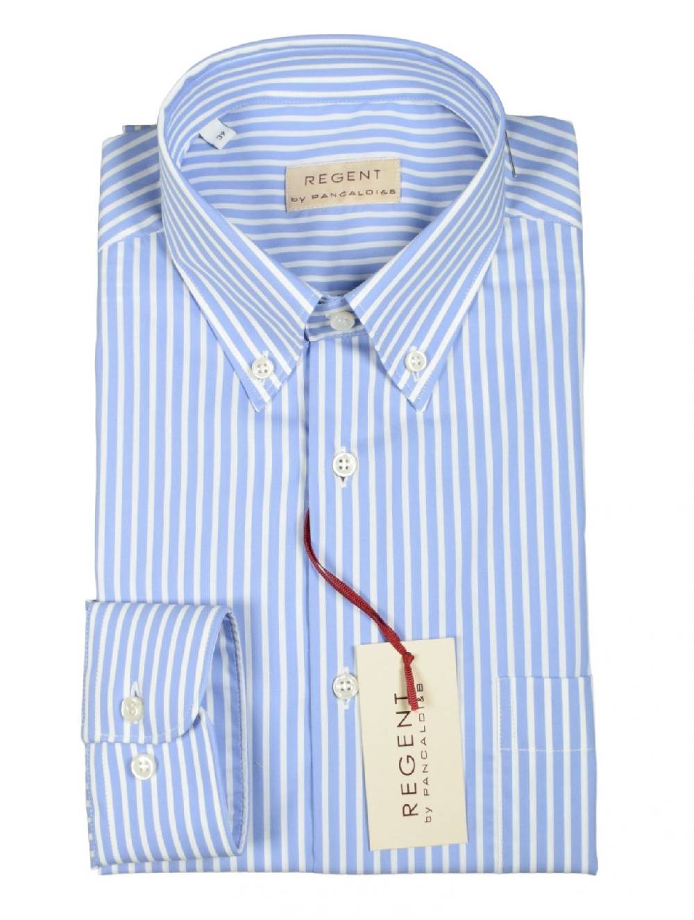 Regent By Pancaldi Camicia Pancaldi Celeste A Righe Regular Fit Cotone Stretch