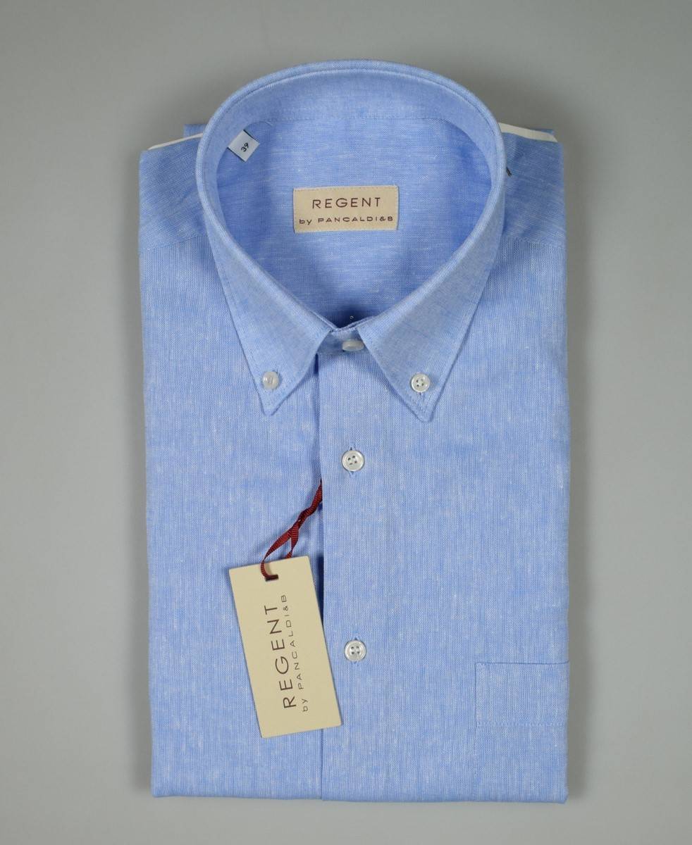 Regent By Pancaldi Camicia Pancaldi Celeste Button Down Maniche Corte In Misto Lino E Cotone