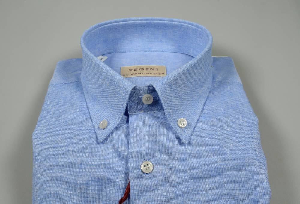 Regent By Pancaldi Camicia Pancaldi Celeste Button Down Maniche Corte In Misto Lino E Cotone