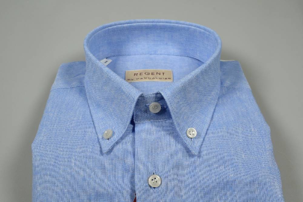 Regent By Pancaldi Camicia Pancaldi Celeste Button Down Maniche Corte In Misto Lino E Cotone
