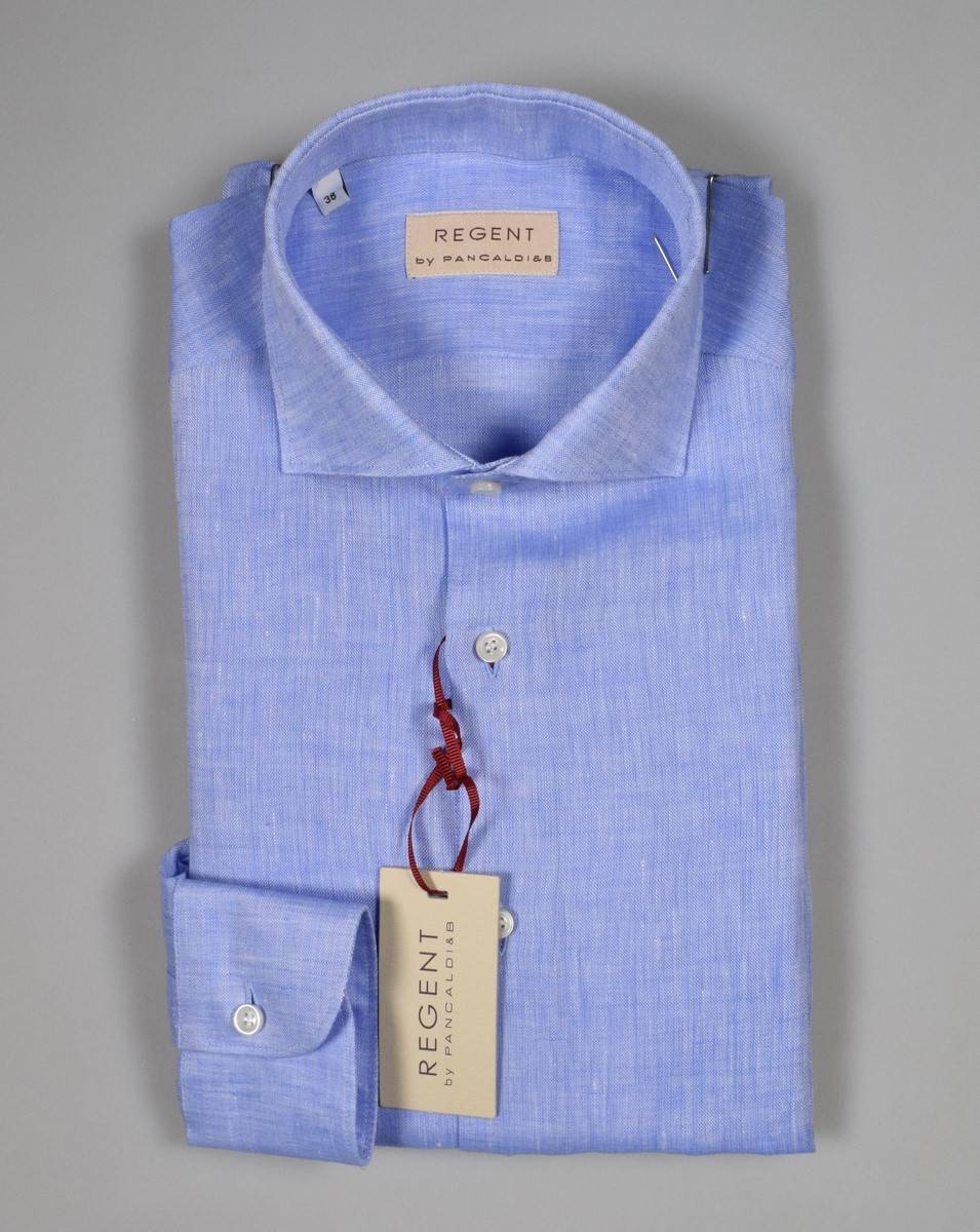 Regent By Pancaldi Camicia Pancaldi Celeste Slim Fit In Puro Lino Collo Alla Francese