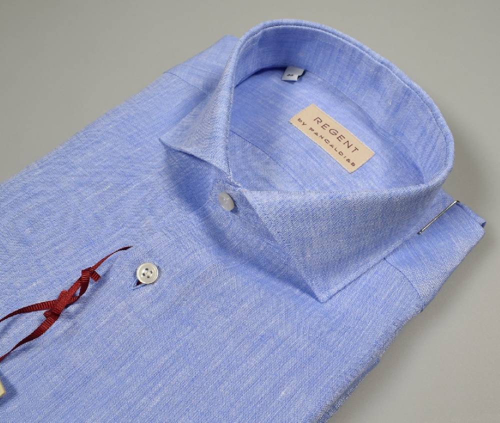 Regent By Pancaldi Camicia Pancaldi Celeste Slim Fit In Puro Lino Collo Alla Francese