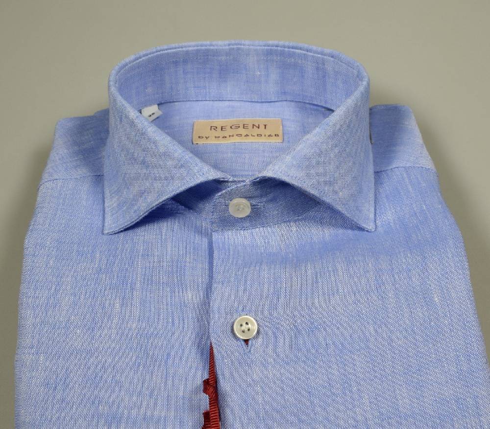 Regent By Pancaldi Camicia Pancaldi Celeste Slim Fit In Puro Lino Collo Alla Francese