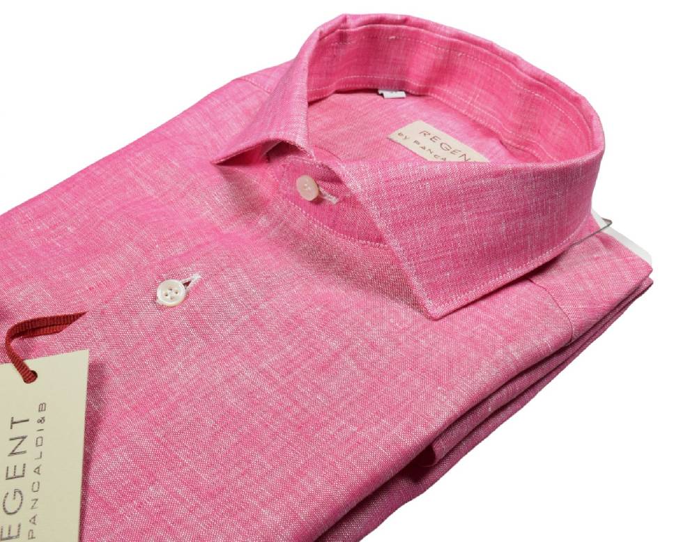 Regent By Pancaldi Camicia Pancaldi Corallo Slim Fit In Puro Lino Collo Alla Francese
