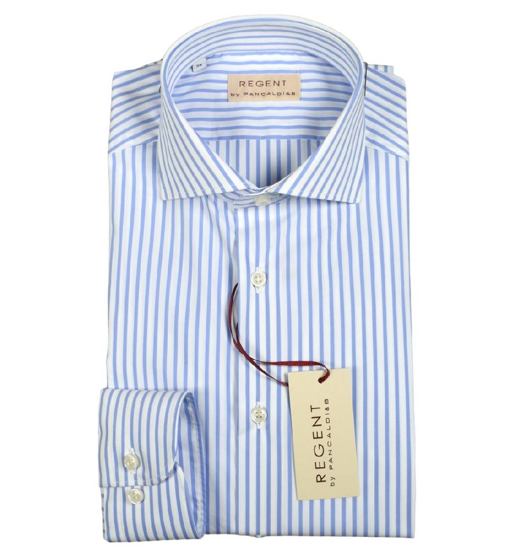 Regent By Pancaldi Camicia Pancaldi Slim Fit A Righe Azzurro Cotone Stretch