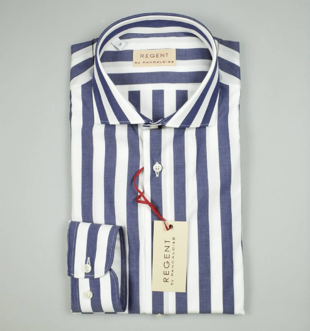 Regent By Pancaldi Camicia Pancaldi Slim Fit A Righe Blu Larghe Cotone Stretch