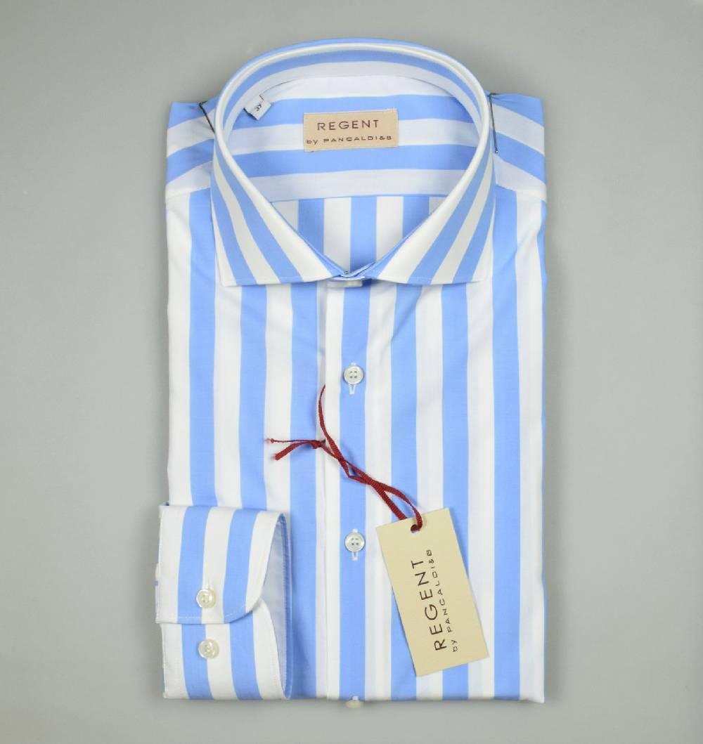Regent By Pancaldi Camicia Pancaldi Slim Fit A Righe Celeste Larghe Cotone Stretch
