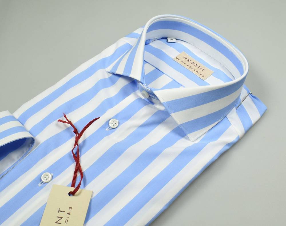 Regent By Pancaldi Camicia Pancaldi Slim Fit A Righe Celeste Larghe Cotone Stretch