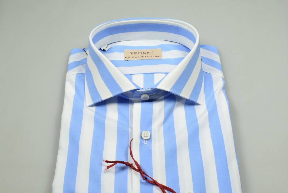 Regent By Pancaldi Camicia Pancaldi Slim Fit A Righe Celeste Larghe Cotone Stretch