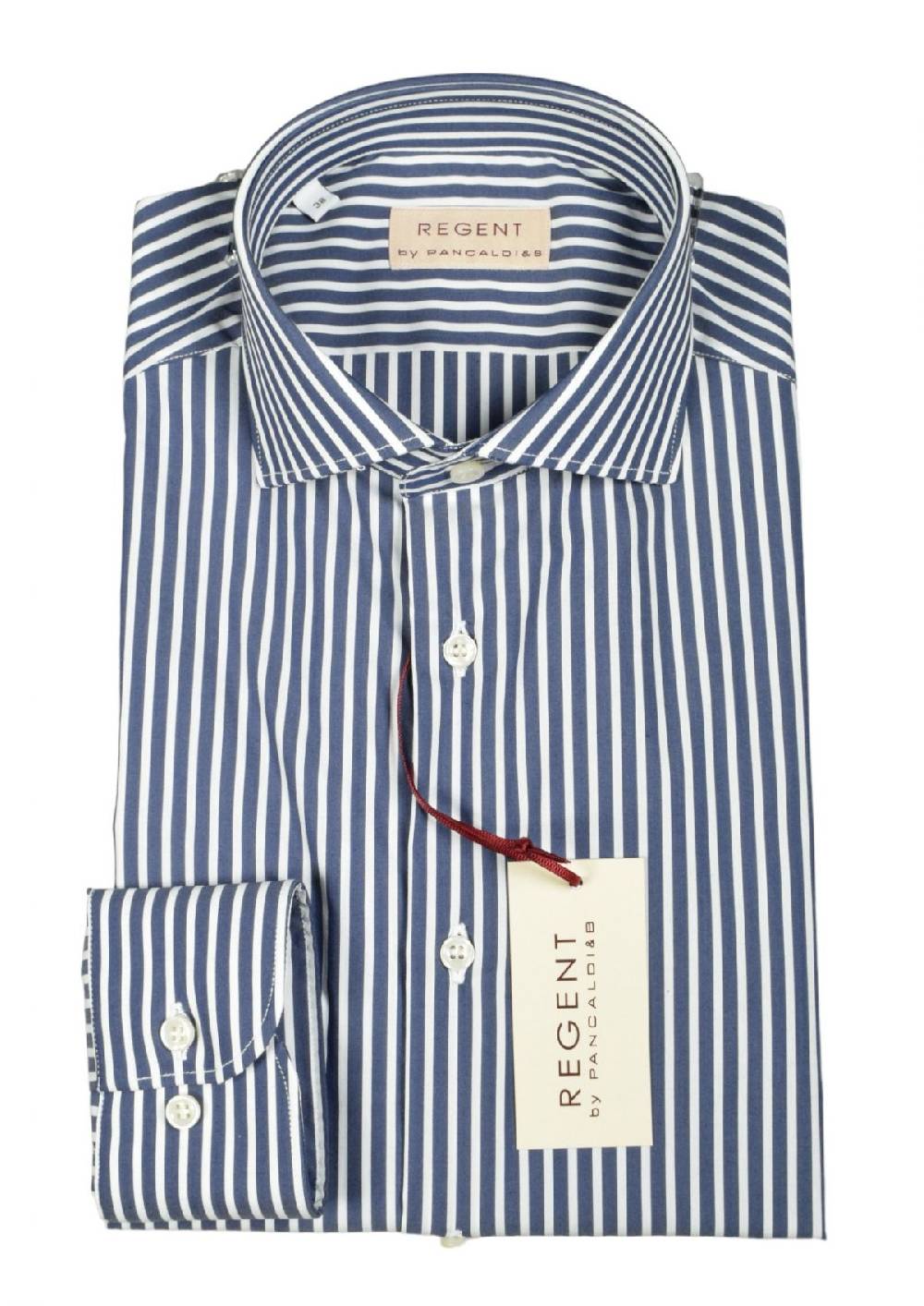 Regent By Pancaldi Camicia Pancaldi Slim Fit Blu Scuro A Righe Cotone Stretch