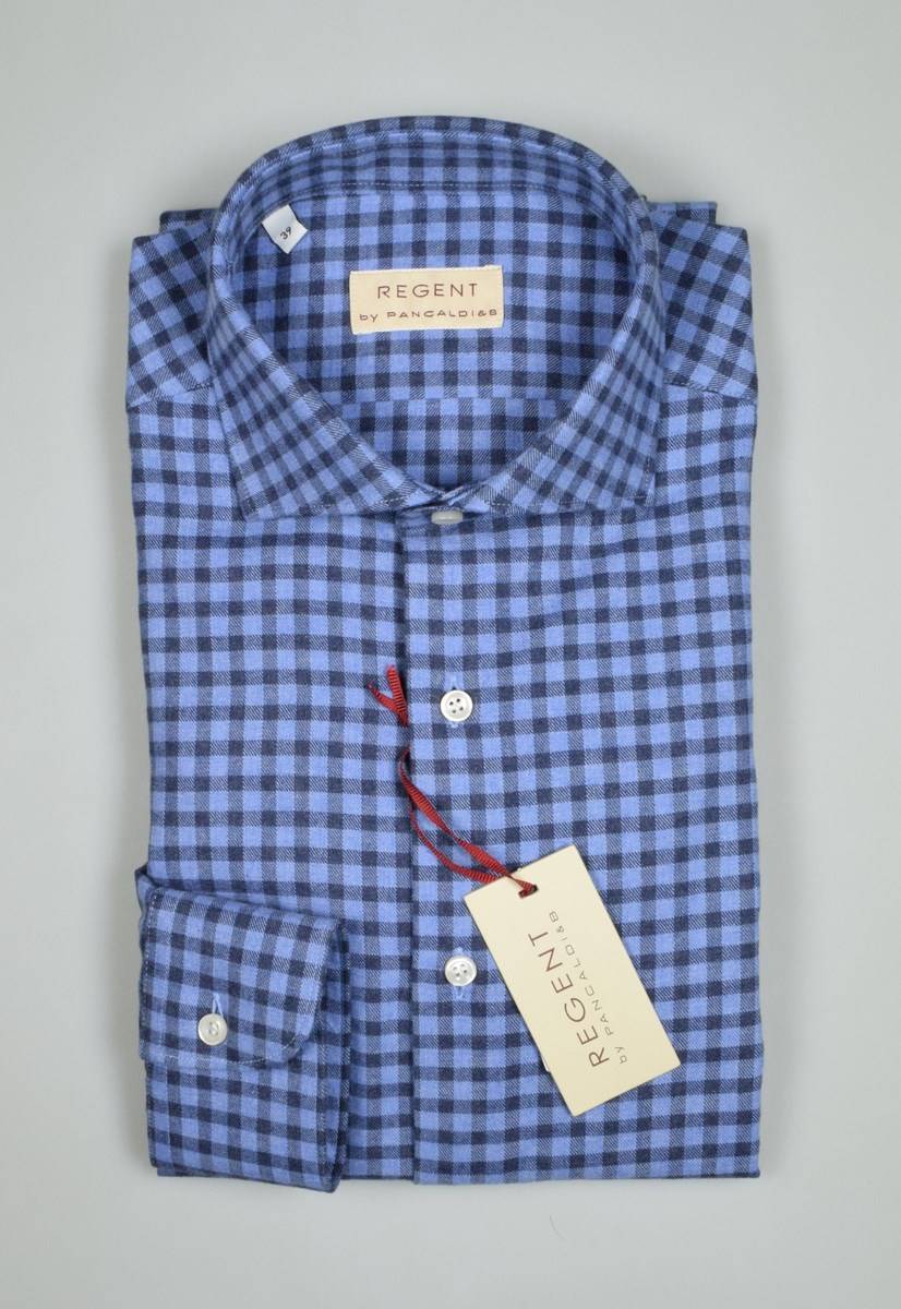 Regent By Pancaldi Camicia Pancaldi Slim Fit Cotone Caldo Flanella A Quadri Azzurro E Blu