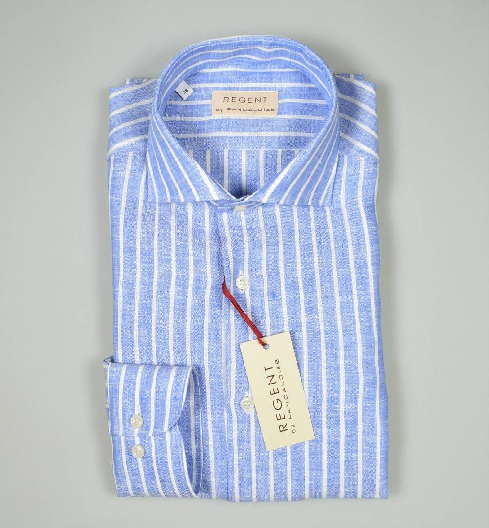 Regent By Pancaldi Camicia Pancaldi Slim Fit In Puro Lino Azzurra A Righe