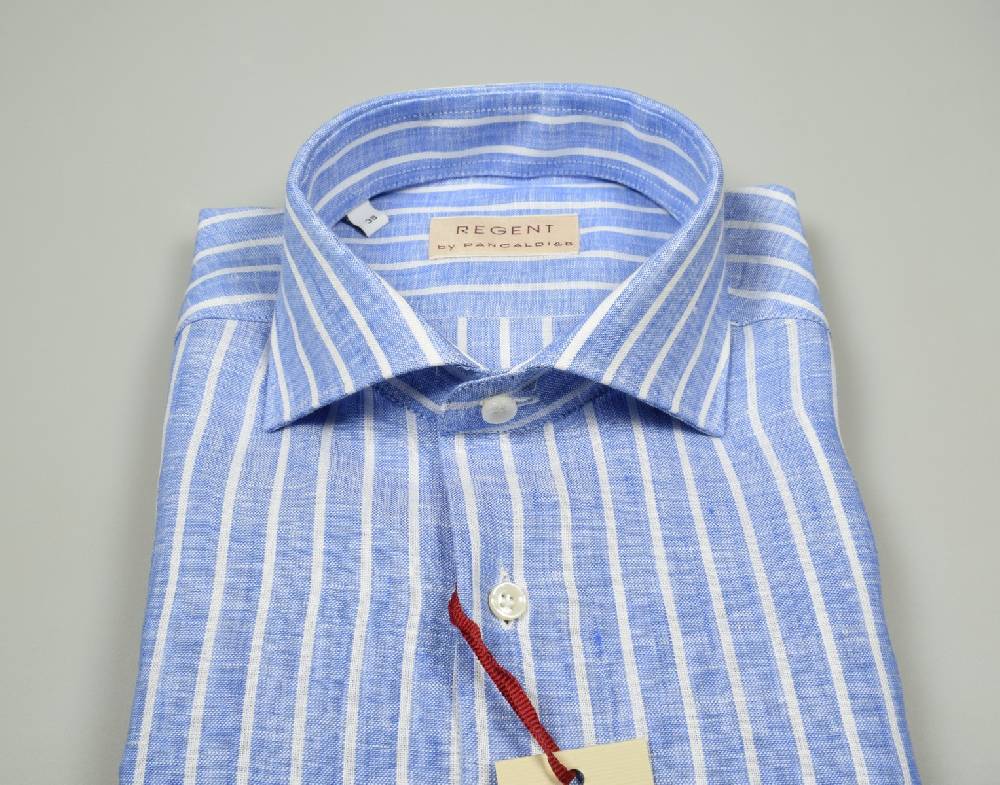 Regent By Pancaldi Camicia Pancaldi Slim Fit In Puro Lino Azzurra A Righe
