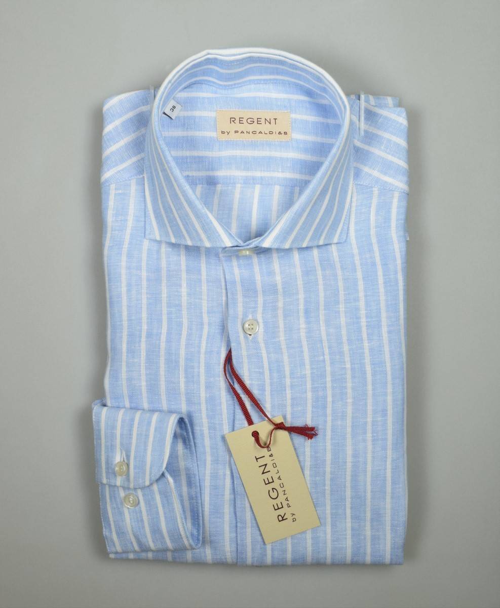 Regent By Pancaldi Camicia Pancaldi Slim Fit In Puro Lino Celeste Chiaro A Righe