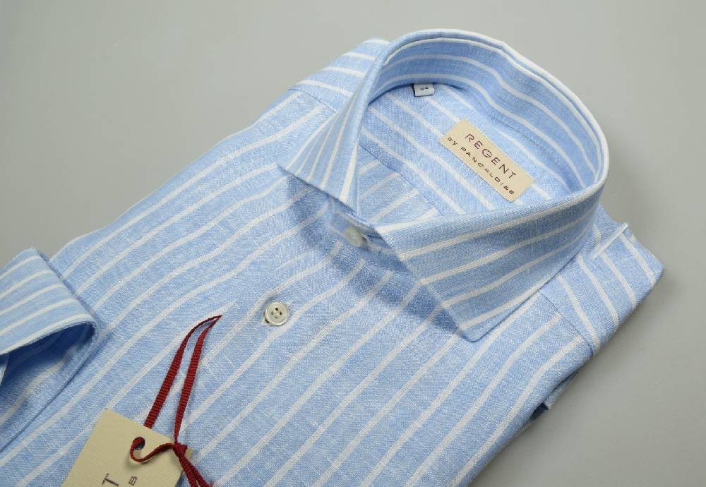 Regent By Pancaldi Camicia Pancaldi Slim Fit In Puro Lino Celeste Chiaro A Righe