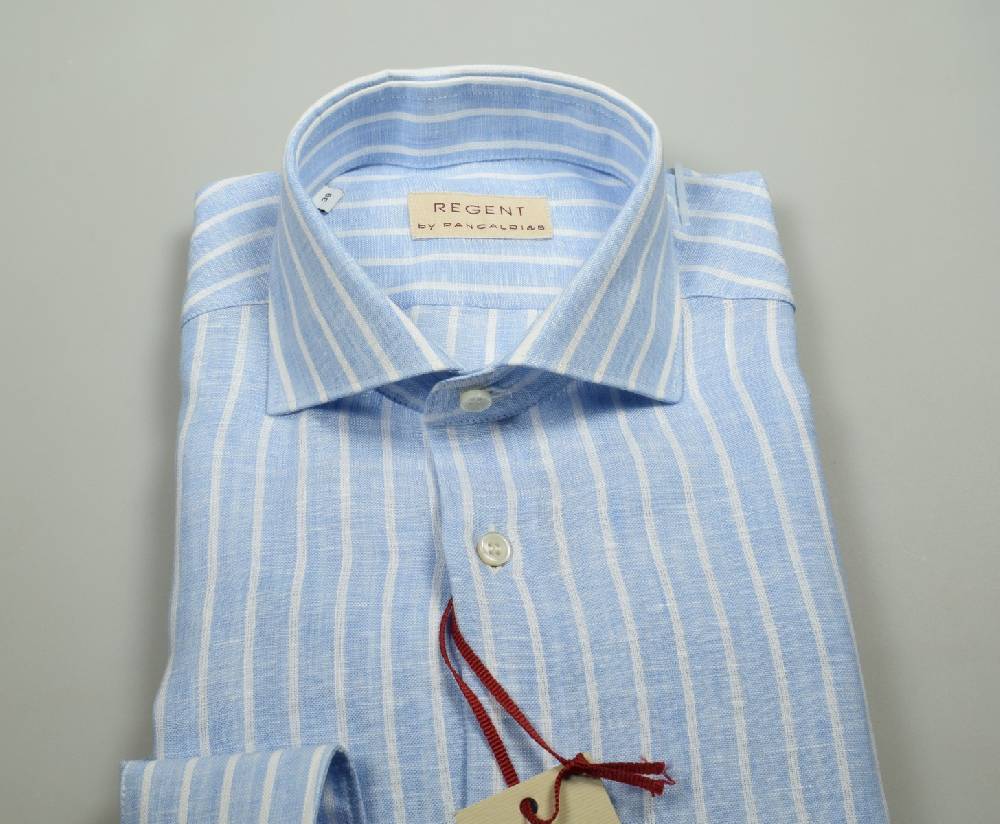 Regent By Pancaldi Camicia Pancaldi Slim Fit In Puro Lino Celeste Chiaro A Righe