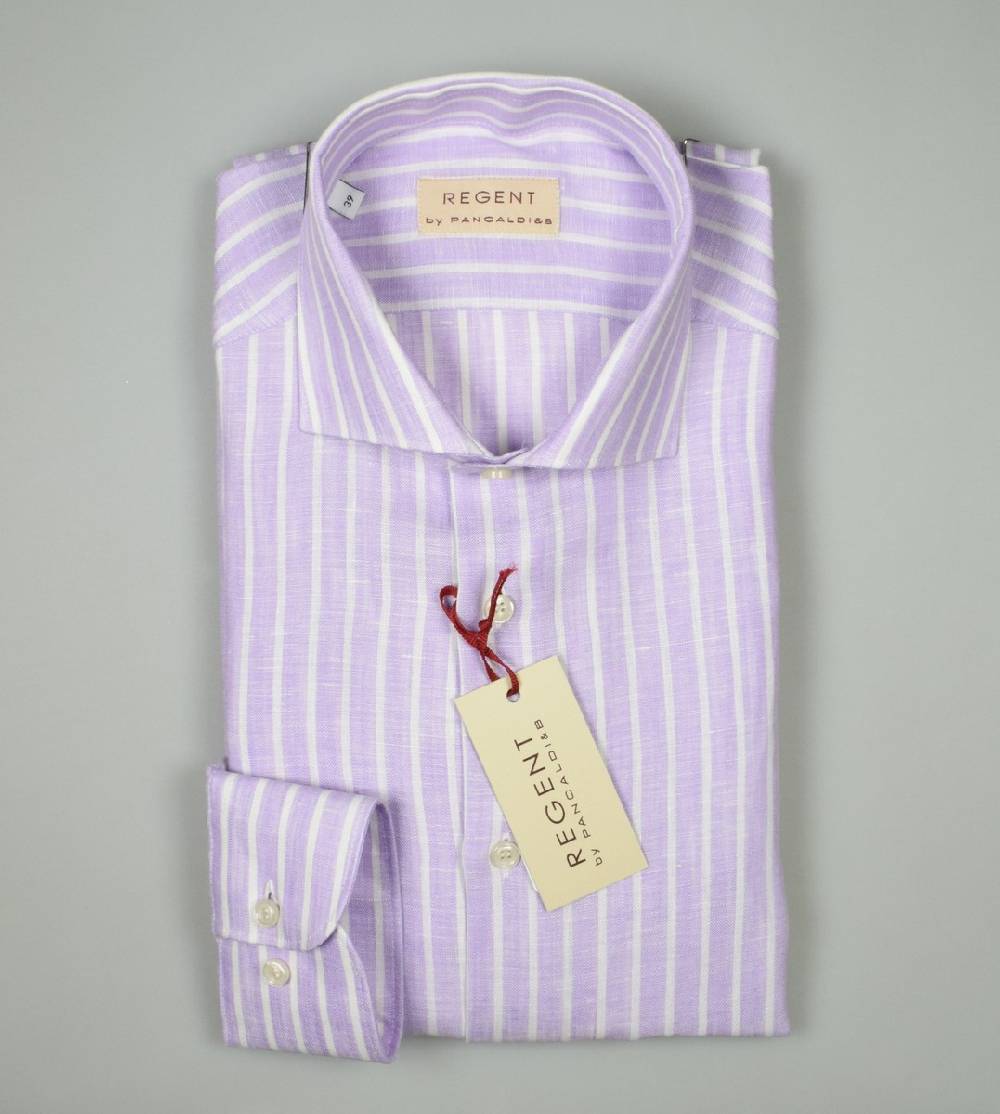 Regent By Pancaldi Camicia Pancaldi Slim Fit In Puro Lino Glicine A Righe