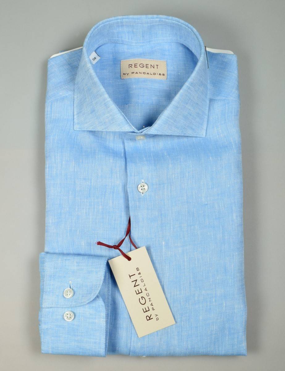 Regent By Pancaldi Camicia Pancaldi Verde Acqua Slim Fit In Puro Lino Collo Alla Francese