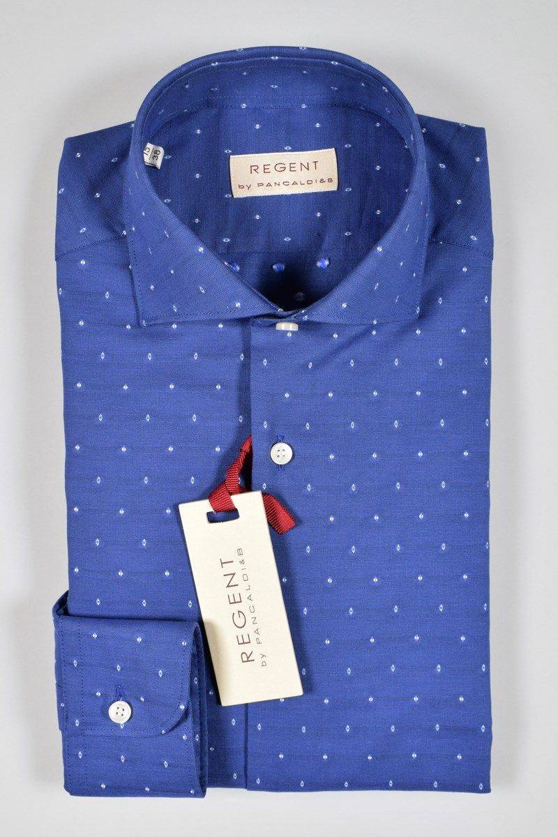 Regent By Pancaldi Camicia Slim Fit Azzurro Collo Francese Puro Cotone Ricamato