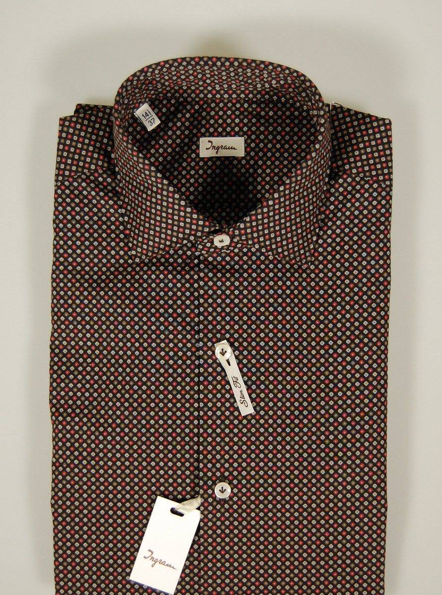 Ingram Camicia Slim Fit Ingram Fondo Nero Micro Fantasia Marrone Grigio Bordeaux